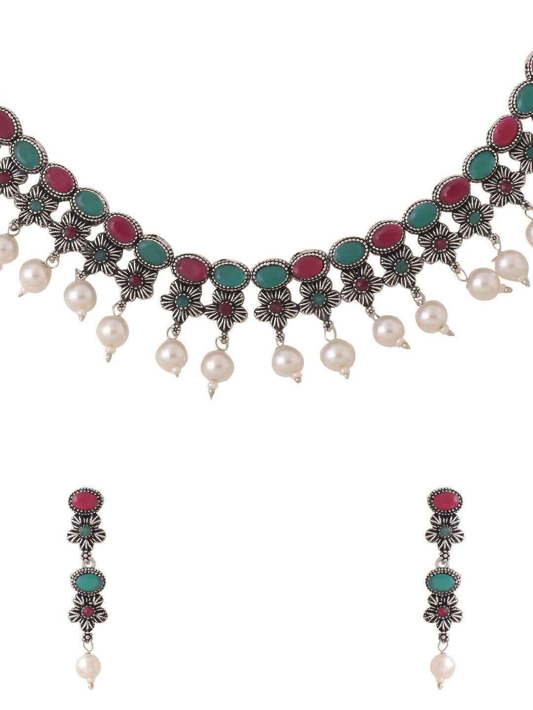 NVR Women Silver-Plated Stone Studded Oxidised Silver Jewellery Set - Swadesiicart