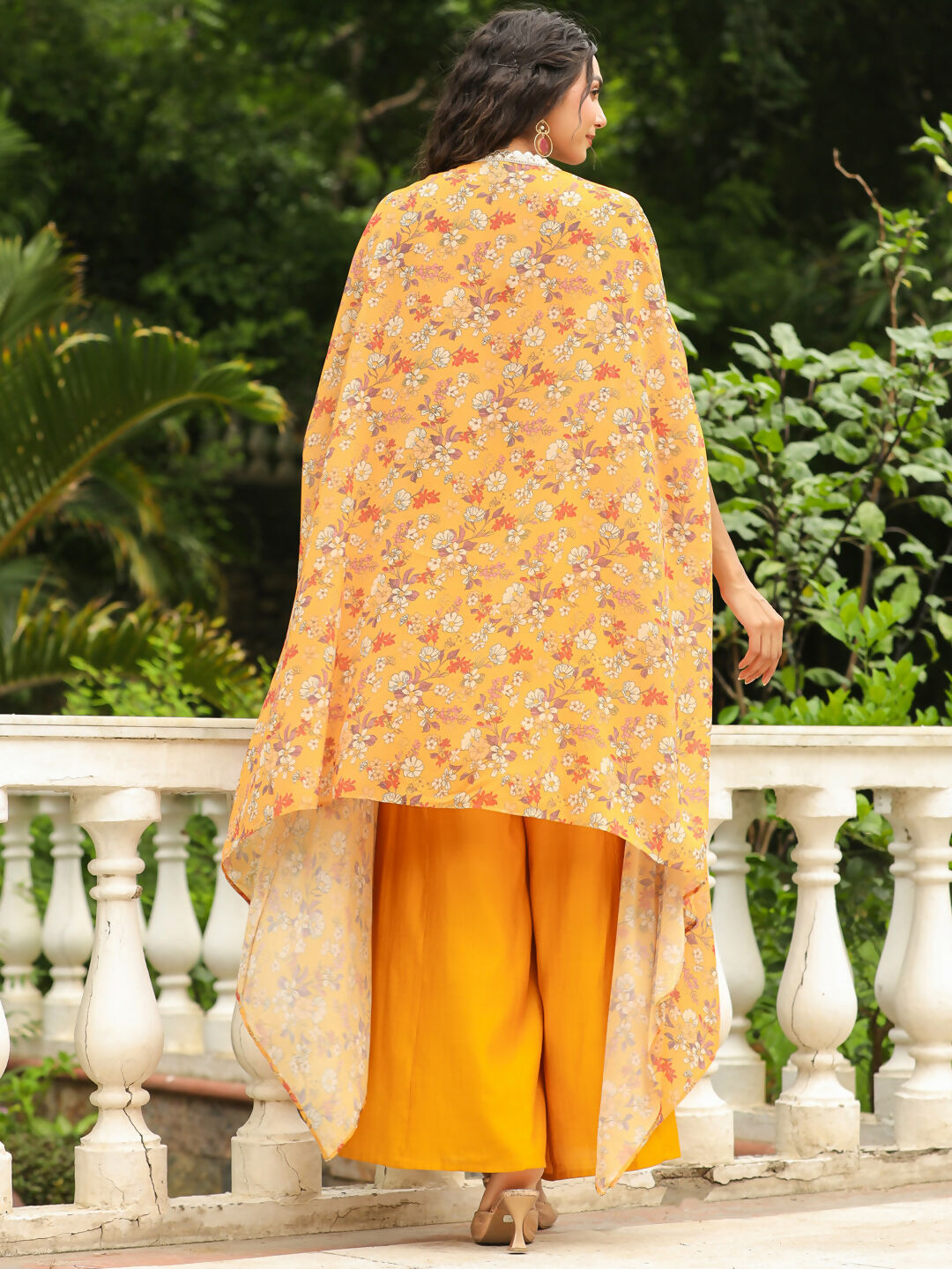 Janasya Mustard Georgette Floral Top Bottom Cape | Swadesiicart