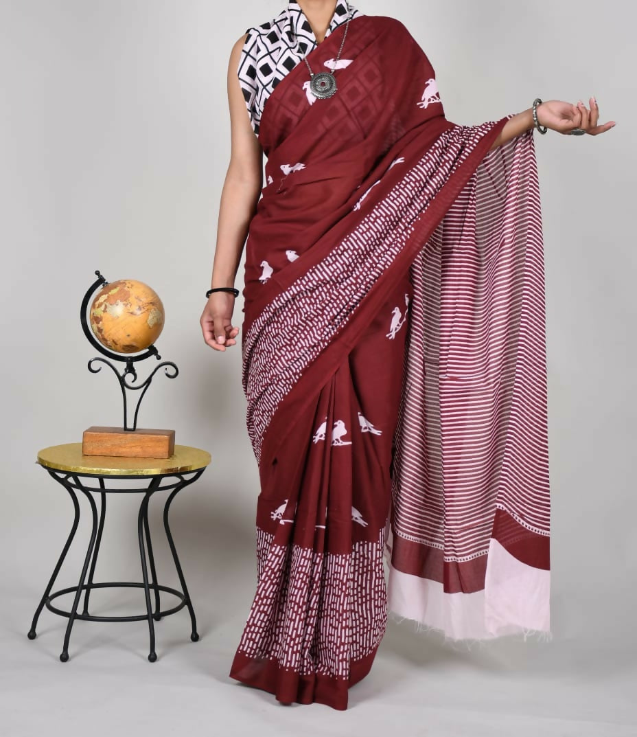 Exclusive Collection Maroon Beautiful Mulmul Cotton Saree - Swadesiicart