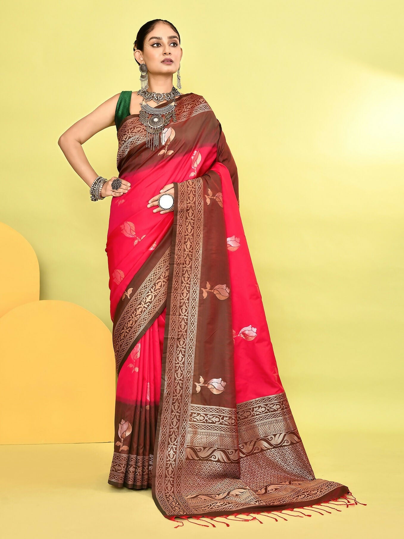 Joban Fashion Rani Pink & Bottle Green Plain With Weaving Border Banarasi Silk Sarees | Swadesiicart