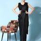 Black Imported Crush Lycra Texture Pattern Ready to Wear Saree with stitched Blouse - Nirvana | Swadesiicart