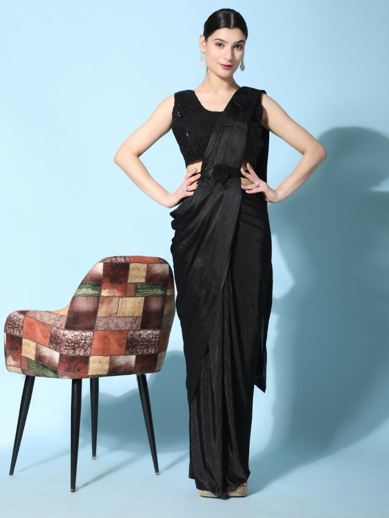 Black Imported Crush Lycra Texture Pattern Ready to Wear Saree with stitched Blouse - Nirvana | Swadesiicart