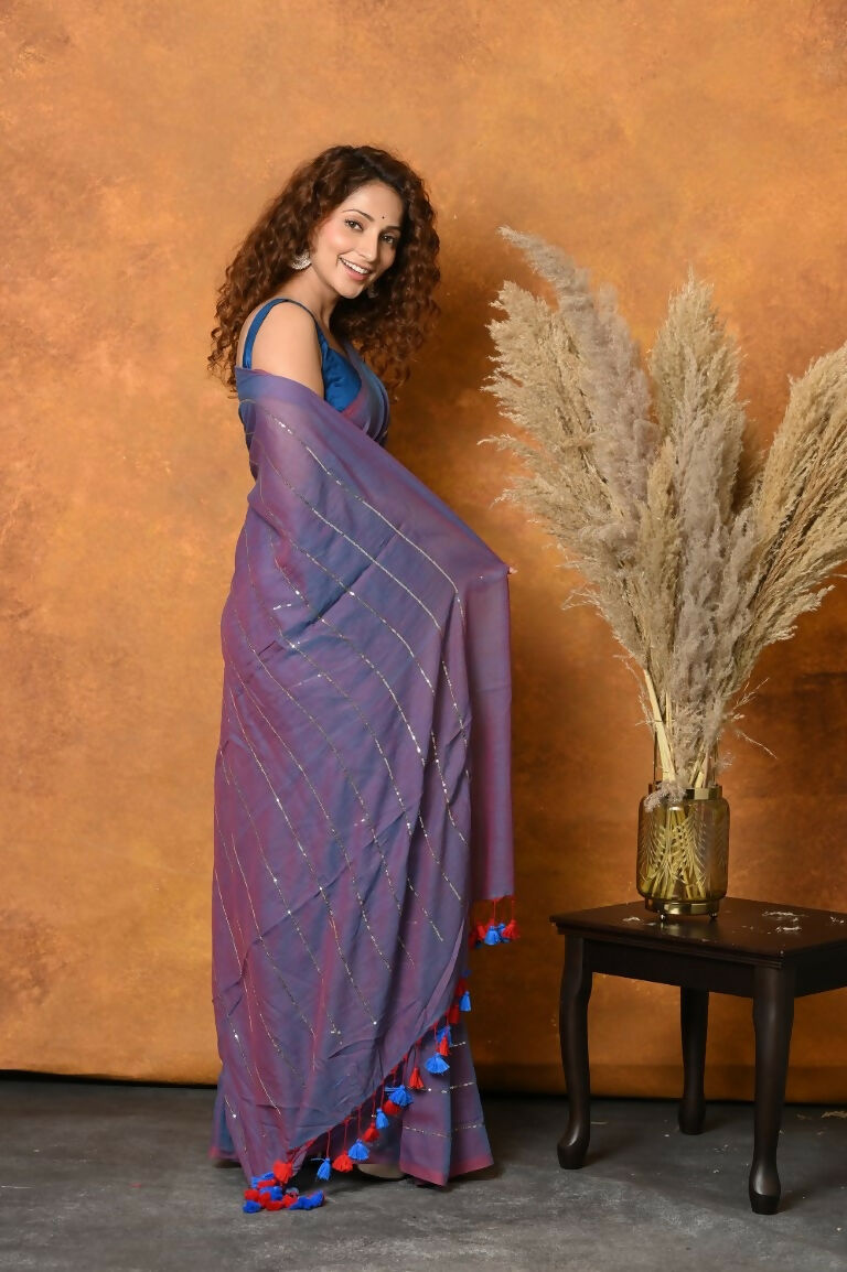 Very Much Indian Designer Mul Cotton Handloom Saree with Sequins - Purple | Swadesiicart