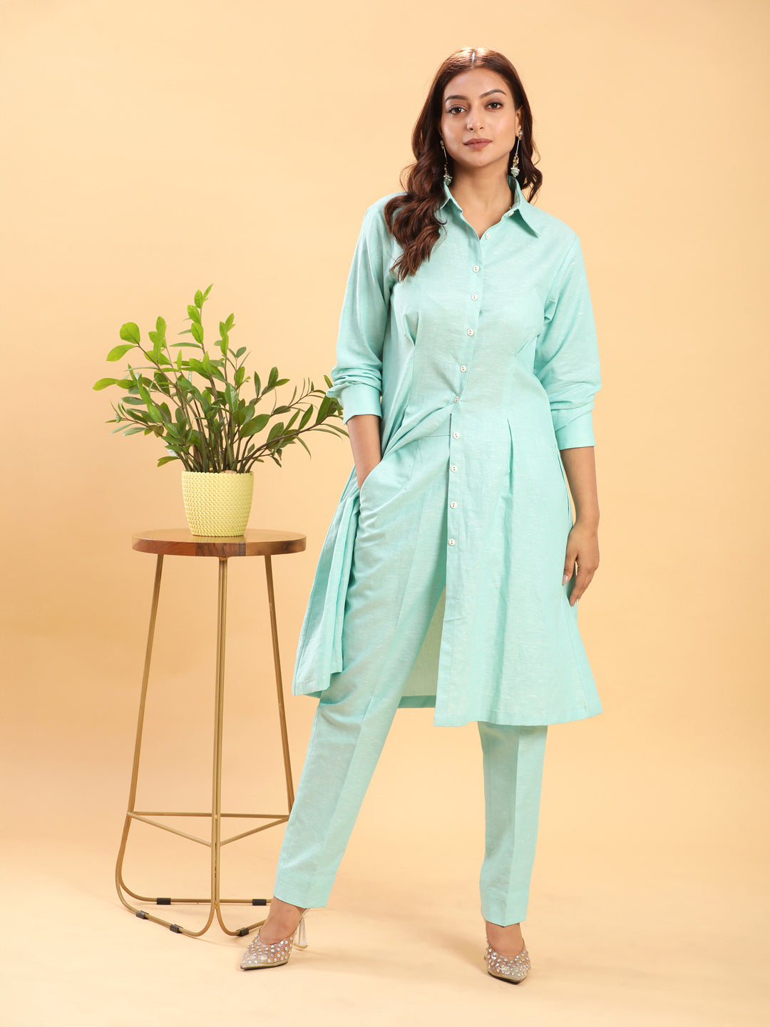 BohoJazz Mint Green Longline Shirt with Formal Pants Co-ord Set - Swadesiicart