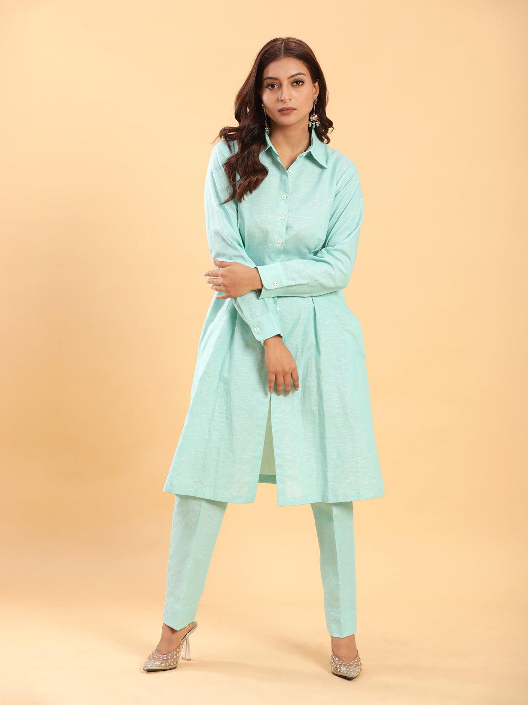 BohoJazz Mint Green Longline Shirt with Formal Pants Co-ord Set - Swadesiicart