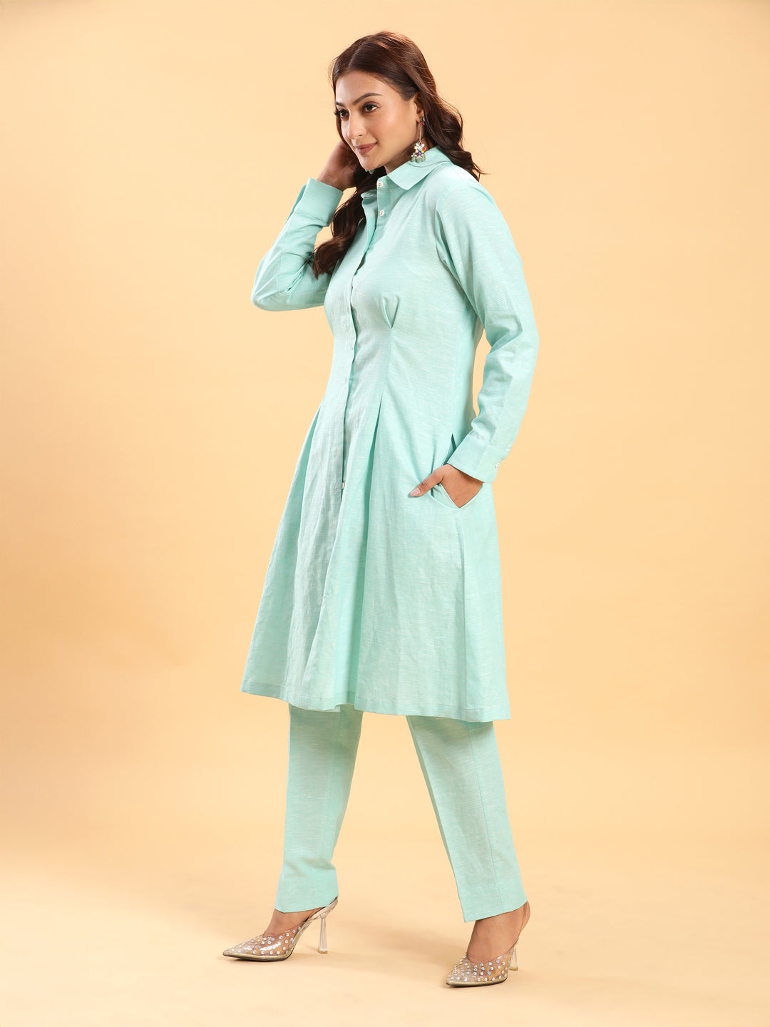 BohoJazz Mint Green Longline Shirt with Formal Pants Co-ord Set - Swadesiicart