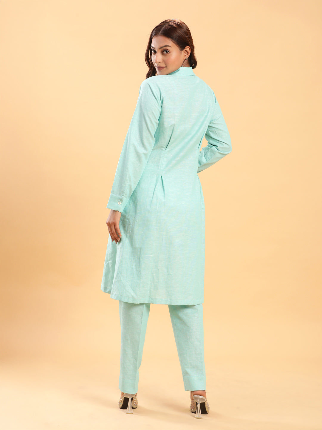 BohoJazz Mint Green Longline Shirt with Formal Pants Co-ord Set - Swadesiicart