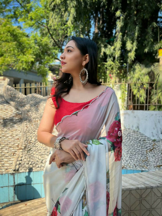 Vamsee Snehal White Georgette Saree - Swadesiicart