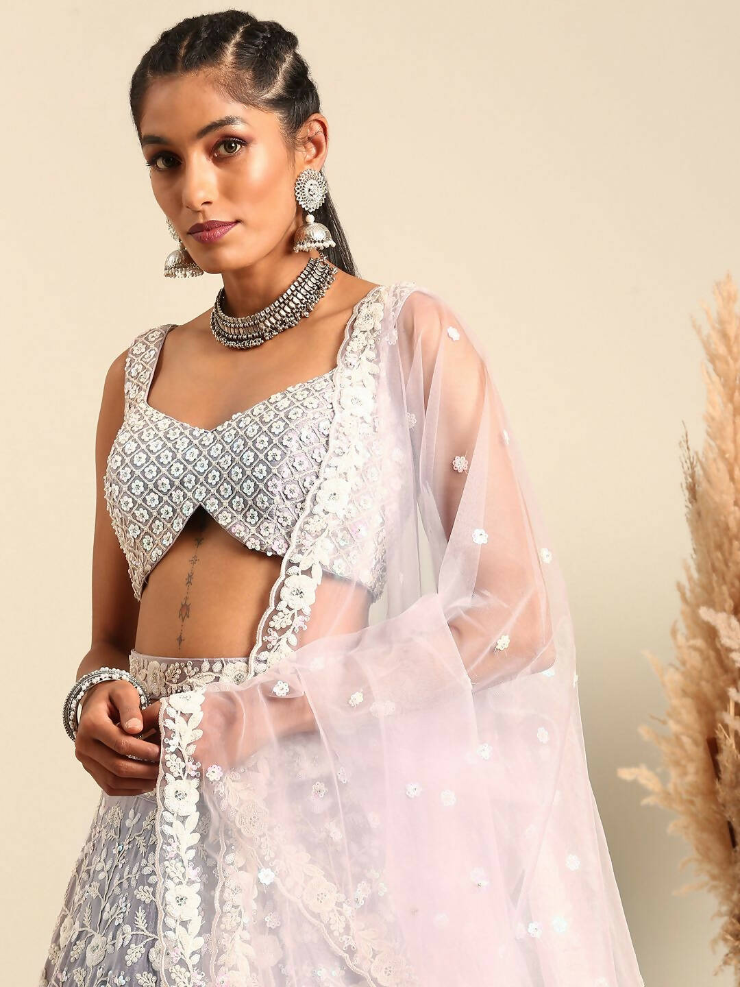 House of Panchhi Mauve Chinon Sequins and Zarkan embroidery Lehenga choli & Dupatta | Swadesiicart