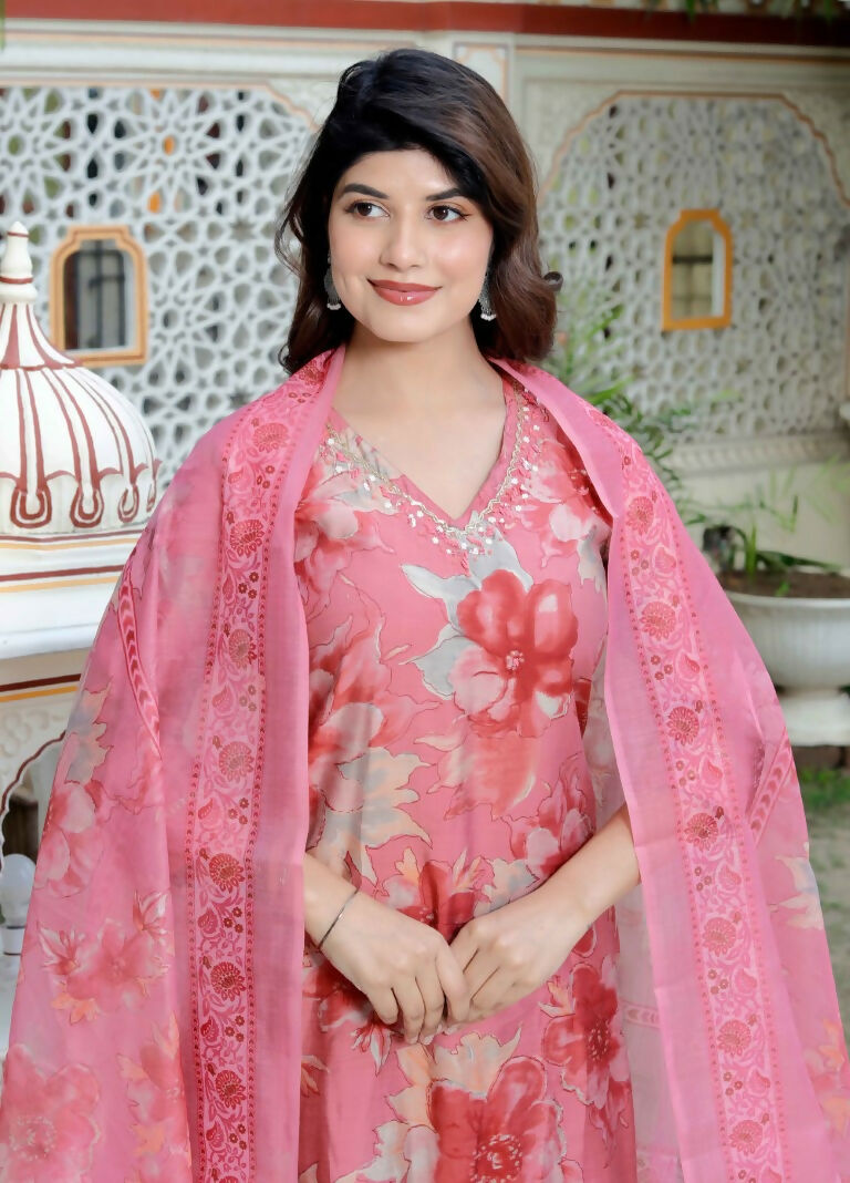 Miravan Women's Muslin Pink V-Neck Embroidered Kurta with Palazzo and Dupatta - Swadesiicart