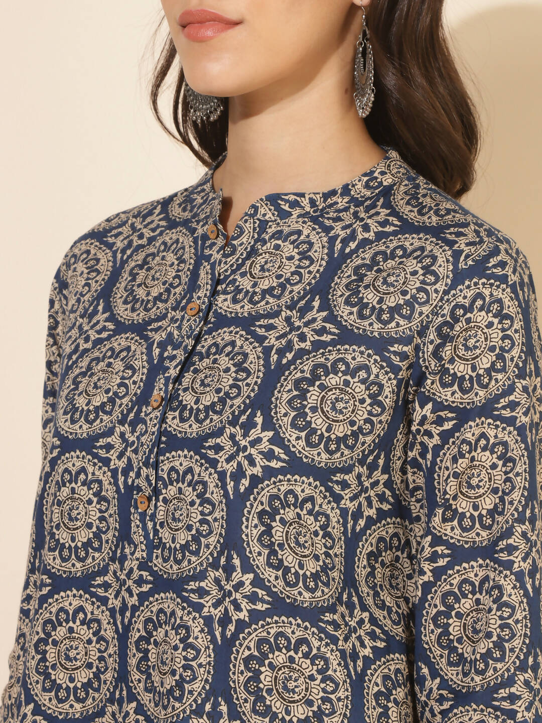 Janasya Women's Blue Cotton Ethnic Motifs Casual Regular Co-ords - Swadesiicart