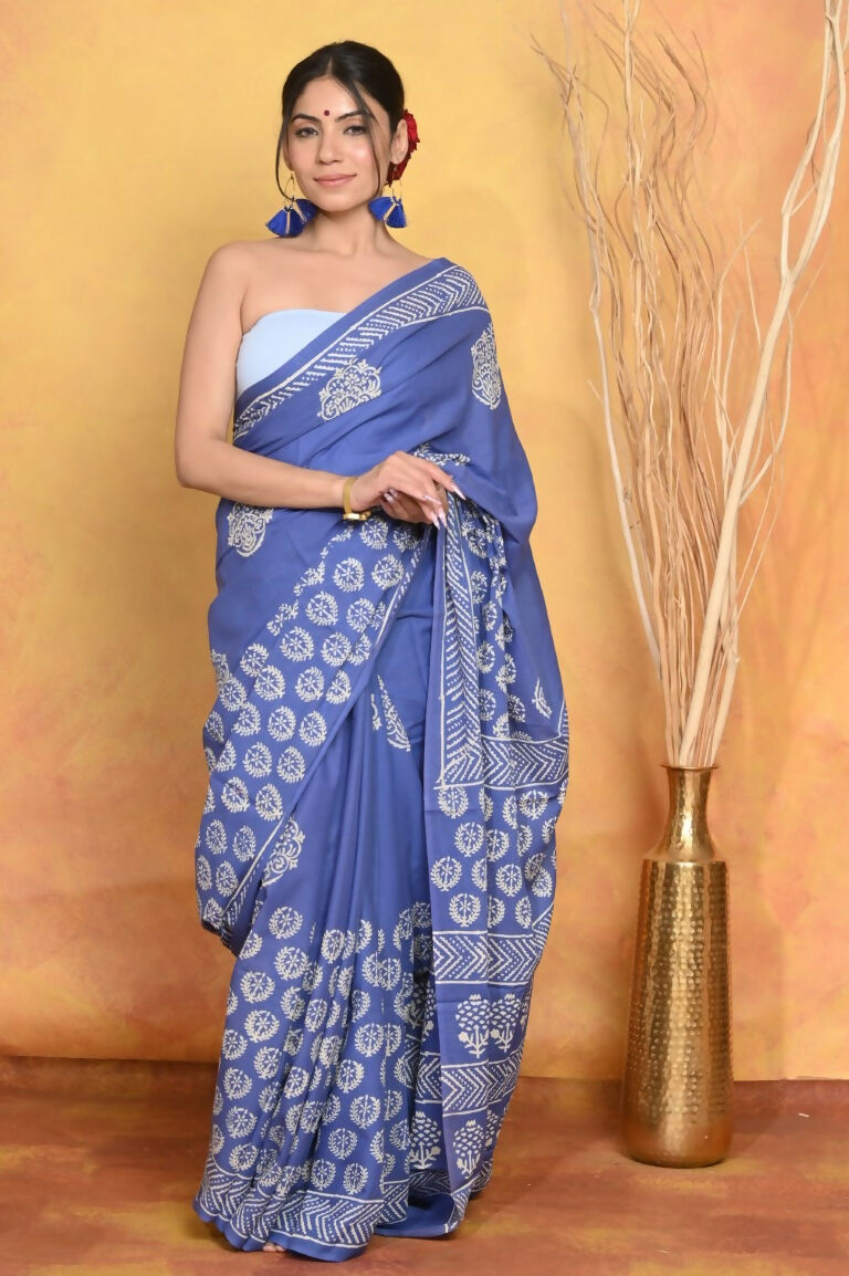 Very Much Indian Pure Cotton Handblock Printed Saree - Blue | Swadesiicart