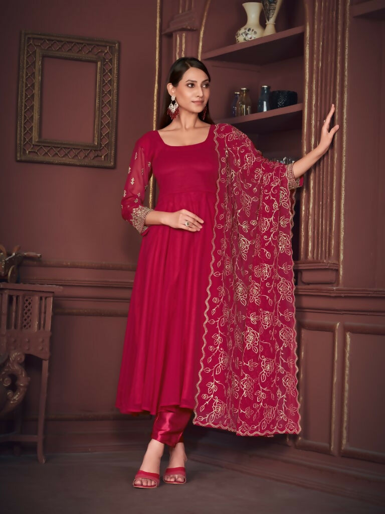 Jyoti Fashion Women's Rani Pink Georgette Embroidered Anarkali Kurta Pant Set With Dupatta | Swadesiicart