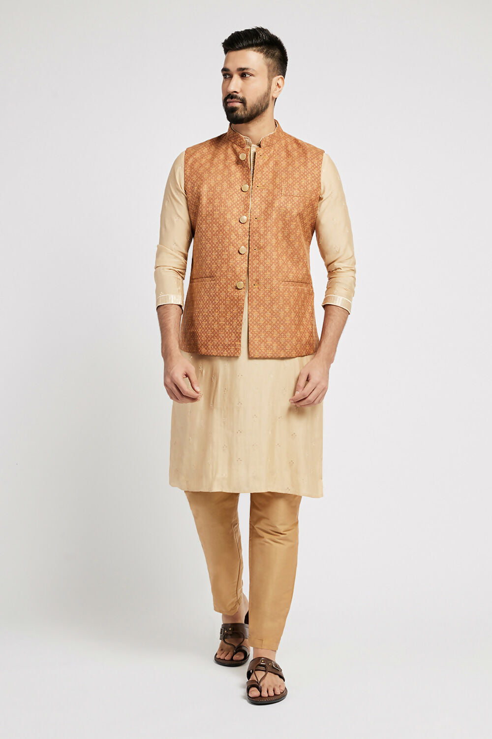 Ethnic India Brown Bundi Men's Jacket Abstract Blended | Swadesiicart