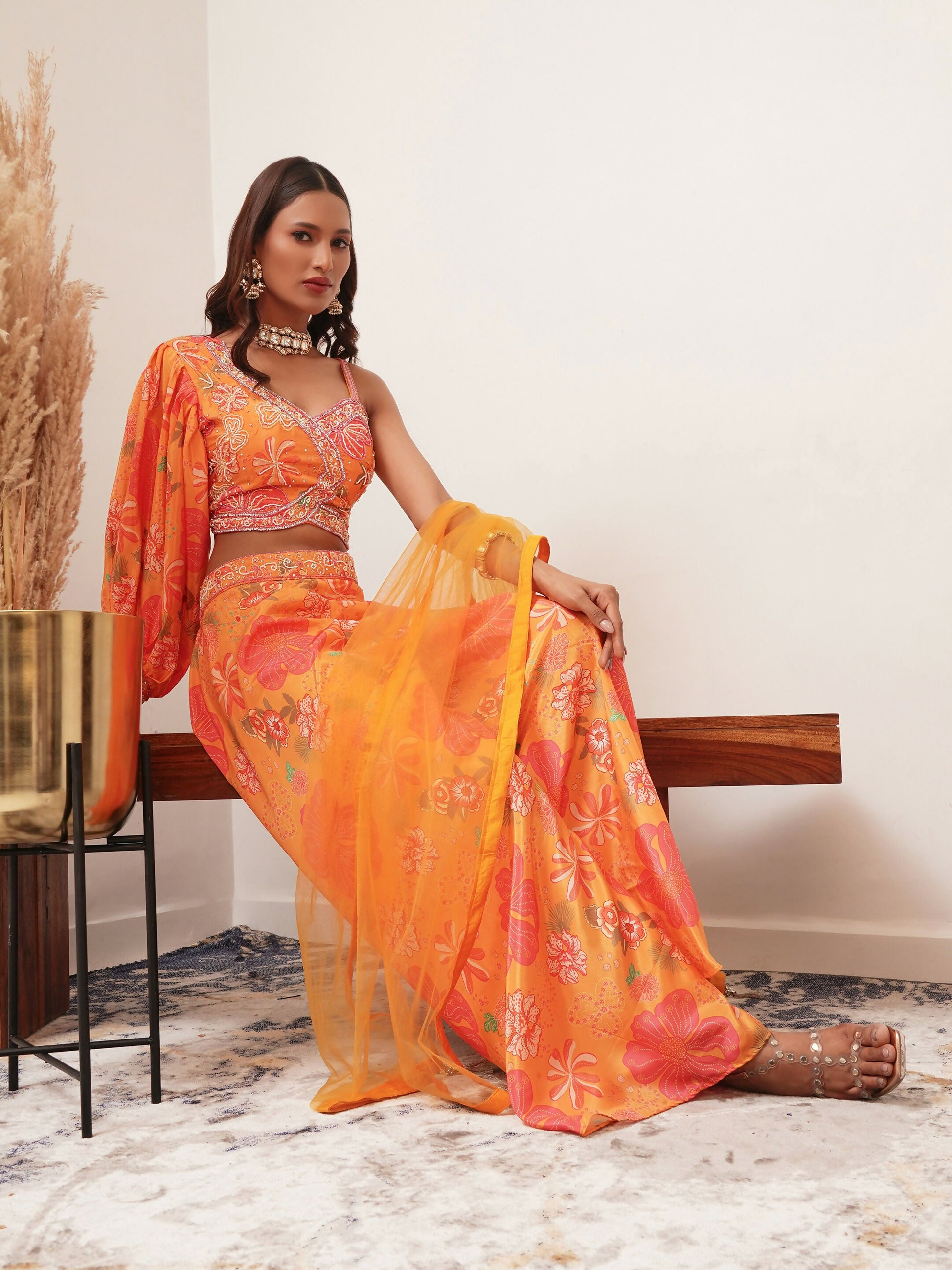 Orange Digital Chinon Handwork Top with Palazzo & Dupatta - Naomika - Swadesiicart