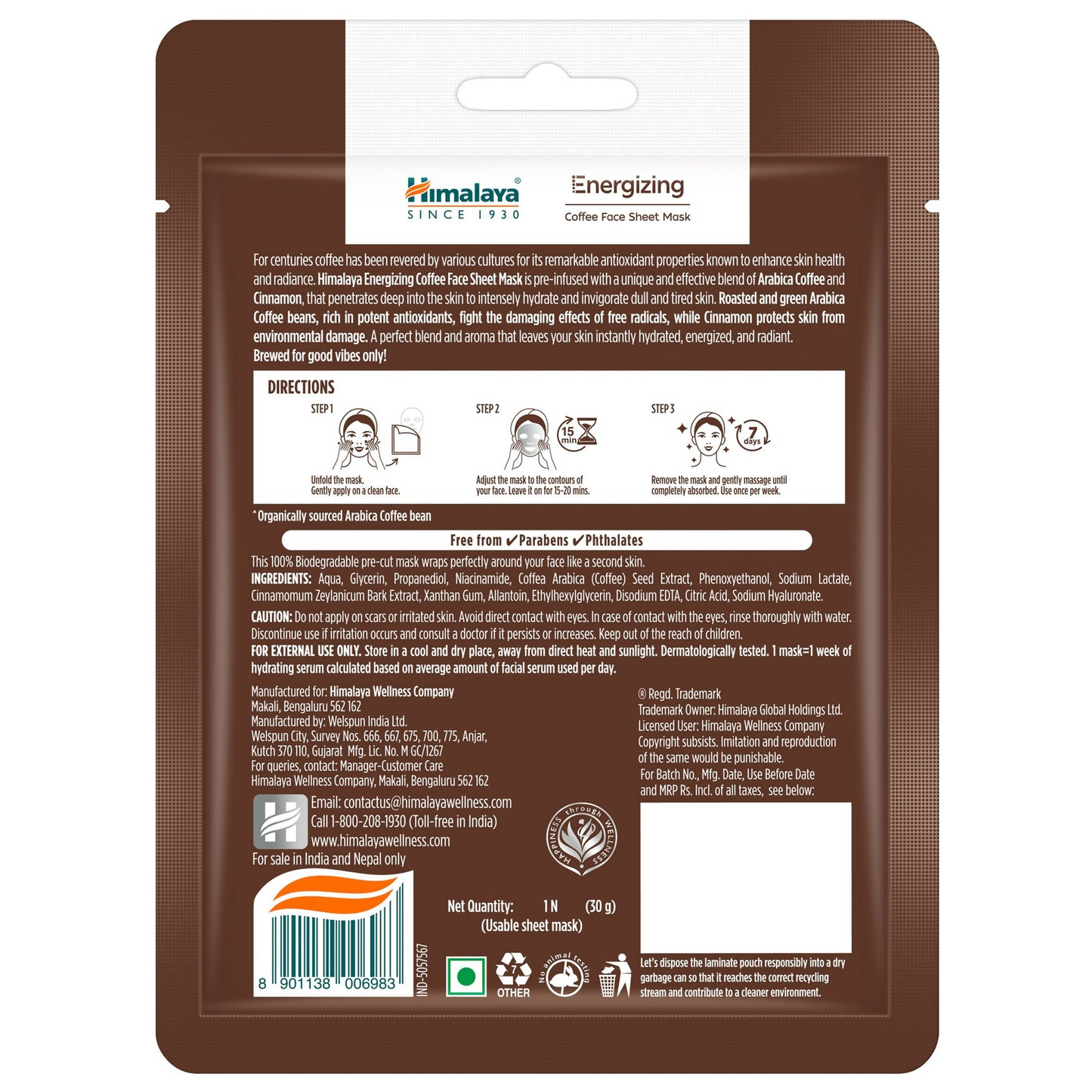 Himalaya Herbals Energizing Coffee Sheet Mask - Swadesiicart