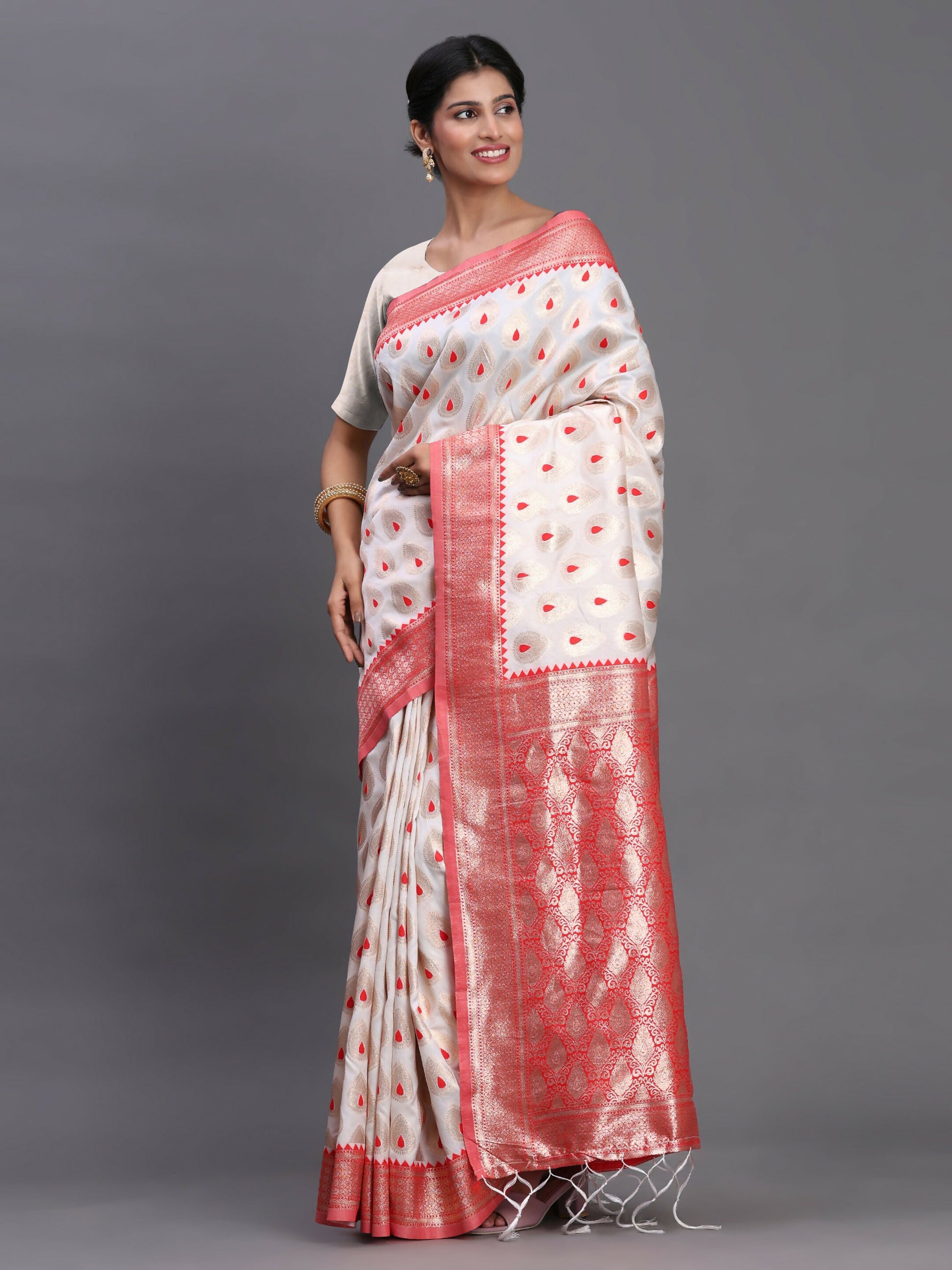 Astita Banarasi Silk Red & White Saree | Swadesiicart
