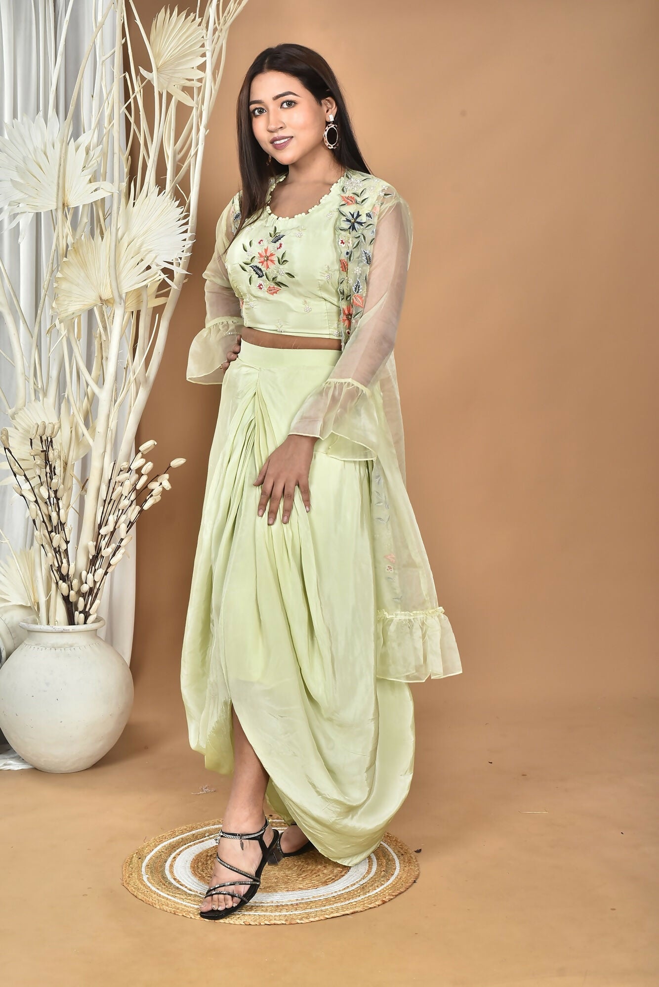 Morchari Women Hand Embroidery Crop Top-Light Green - Swadesiicart