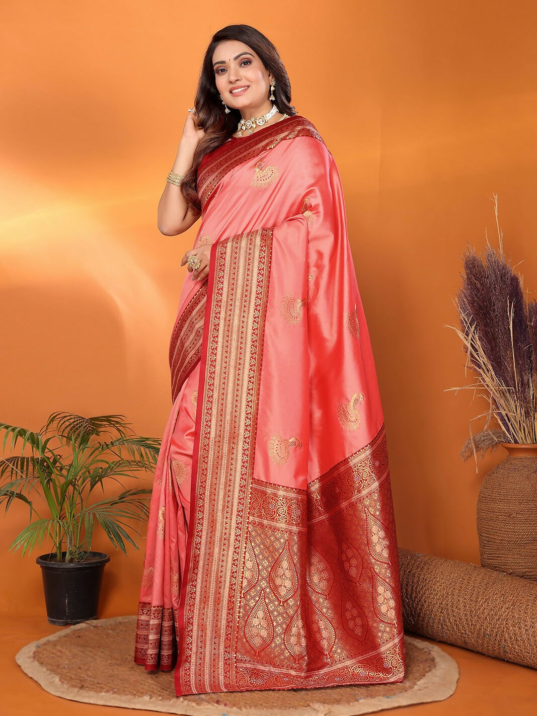 Joban Fashion Banarasi Peach Small Butti Soft Silk Saree | Swadesiicart