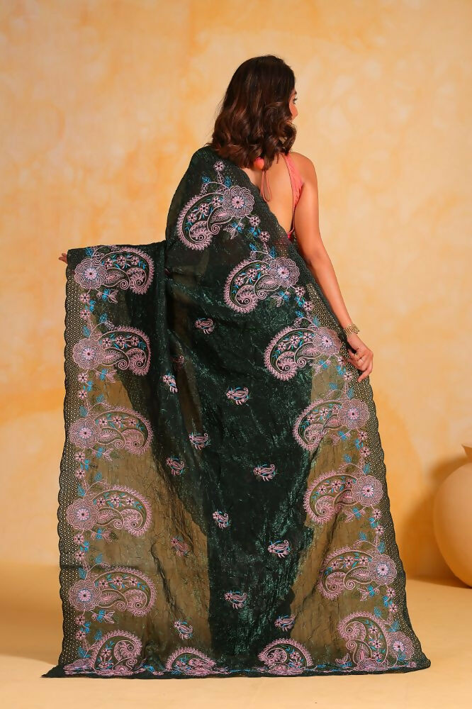 Vamsee Suhanisha Green Korean Shimmer Silk Saree - Swadesiicart