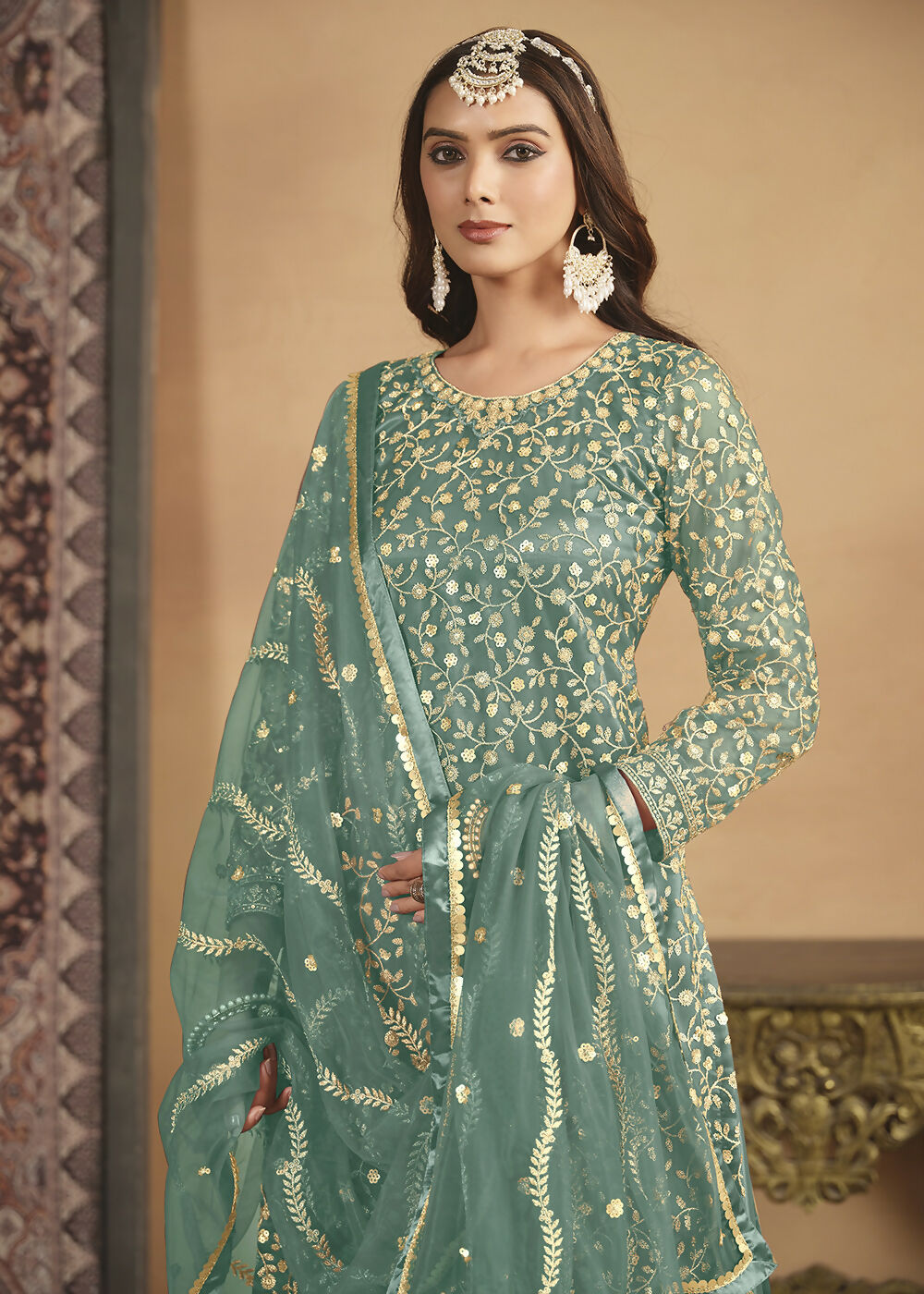 Net Mint Green Embroidered Festive Gharara Style Suit - Emponline | Swadesiicart