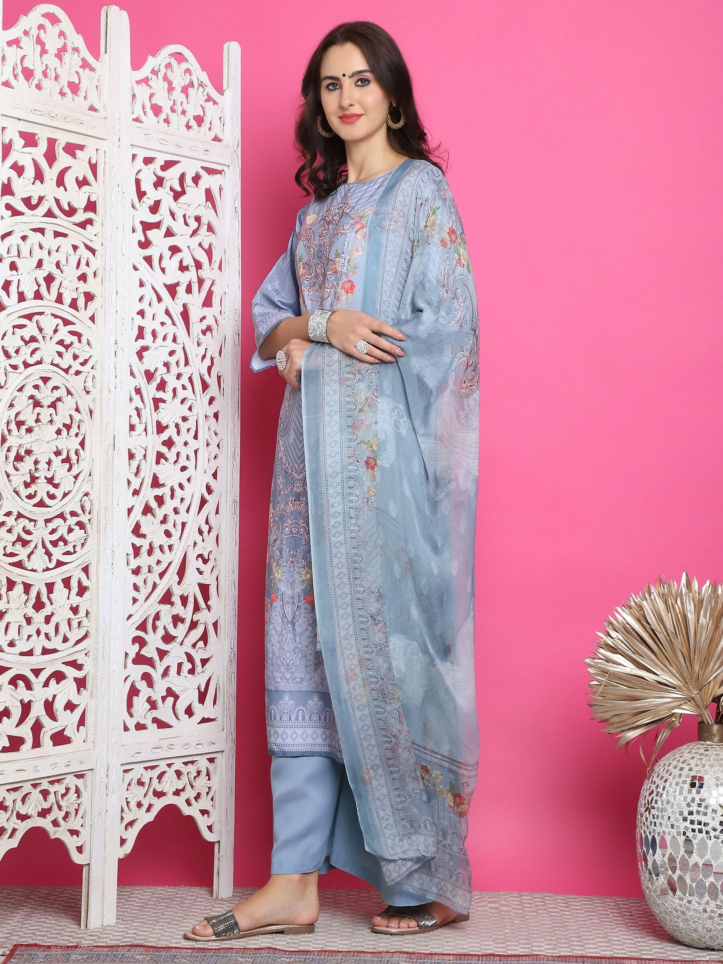 Jyoti Fashion Women's Grey Satin Traditional Digital Print with Crystal work Kurta with Trouser & Dupatta | Swadesiicart