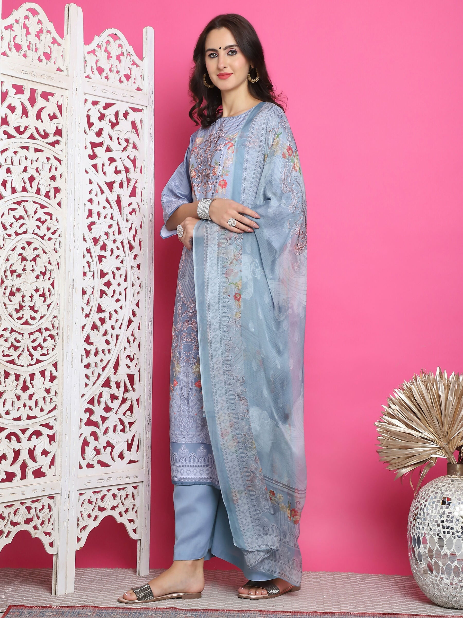 Jyoti Fashion Women's Grey Satin Traditional Digital Print with Crystal work Kurta with Trouser & Dupatta | Swadesiicart