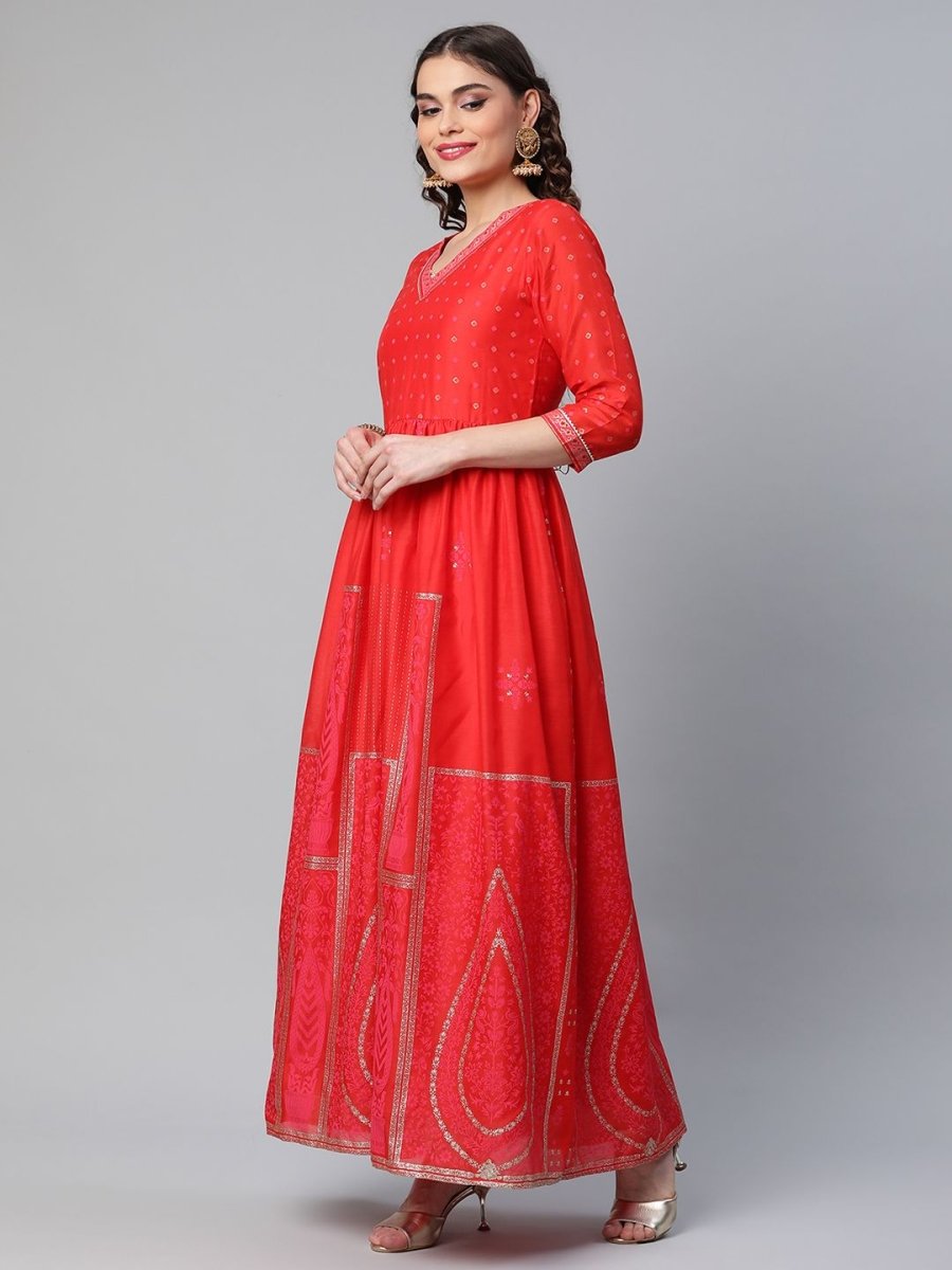 Ahalyaa Women Red Chanderi Khari Printed Dress | Swadesiicart