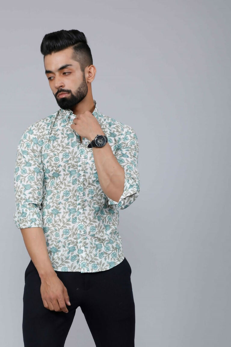 Miravan Men's Spread Collar White & Green Floral Print Slim Fit Shirt | Swadesiicart