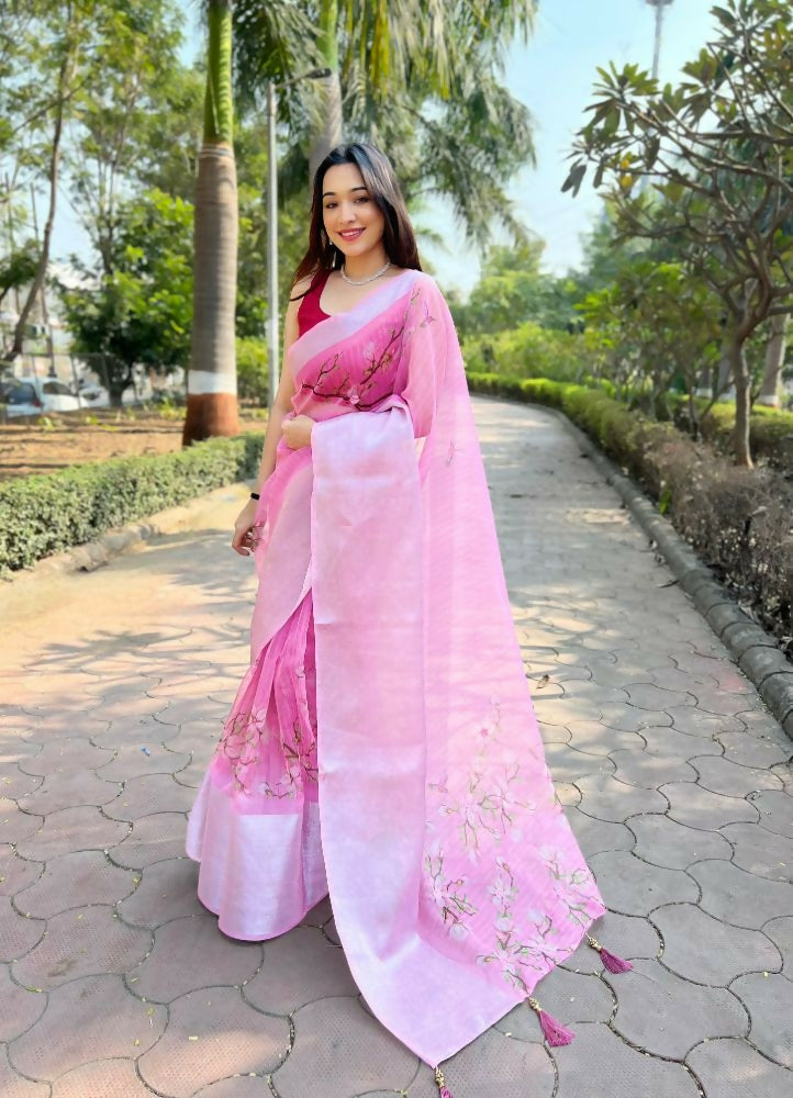 Vamsee Mehar Peach Organza Saree - Swadesiicart