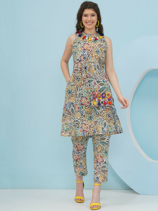 Joban Fashion Floral Co Ord Set With Embellished Sling Bag - Multi - Swadesiicart