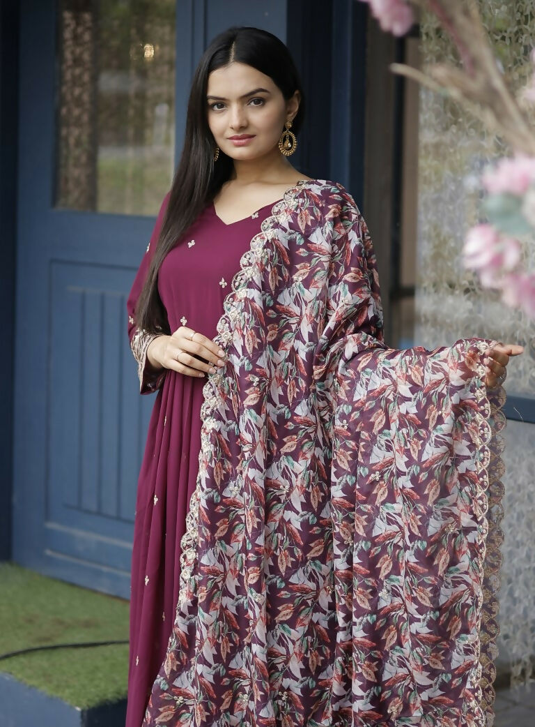 Jyoti Fashion Women's Wine Faux Blooming Sequins with Zari Embroidery Anarkali Dress with Dupatta | Swadesiicart