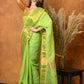 Very Much Indian Handloom Pure Cotton Linen Saree With Golden Border - Light Green | Swadesiicart