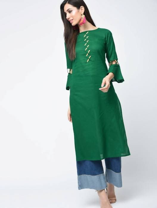 Aniyah Cotton Criss Cross Bell Sleeves Straight Thick Green Kurta (AN-101K) - Swadesiicart