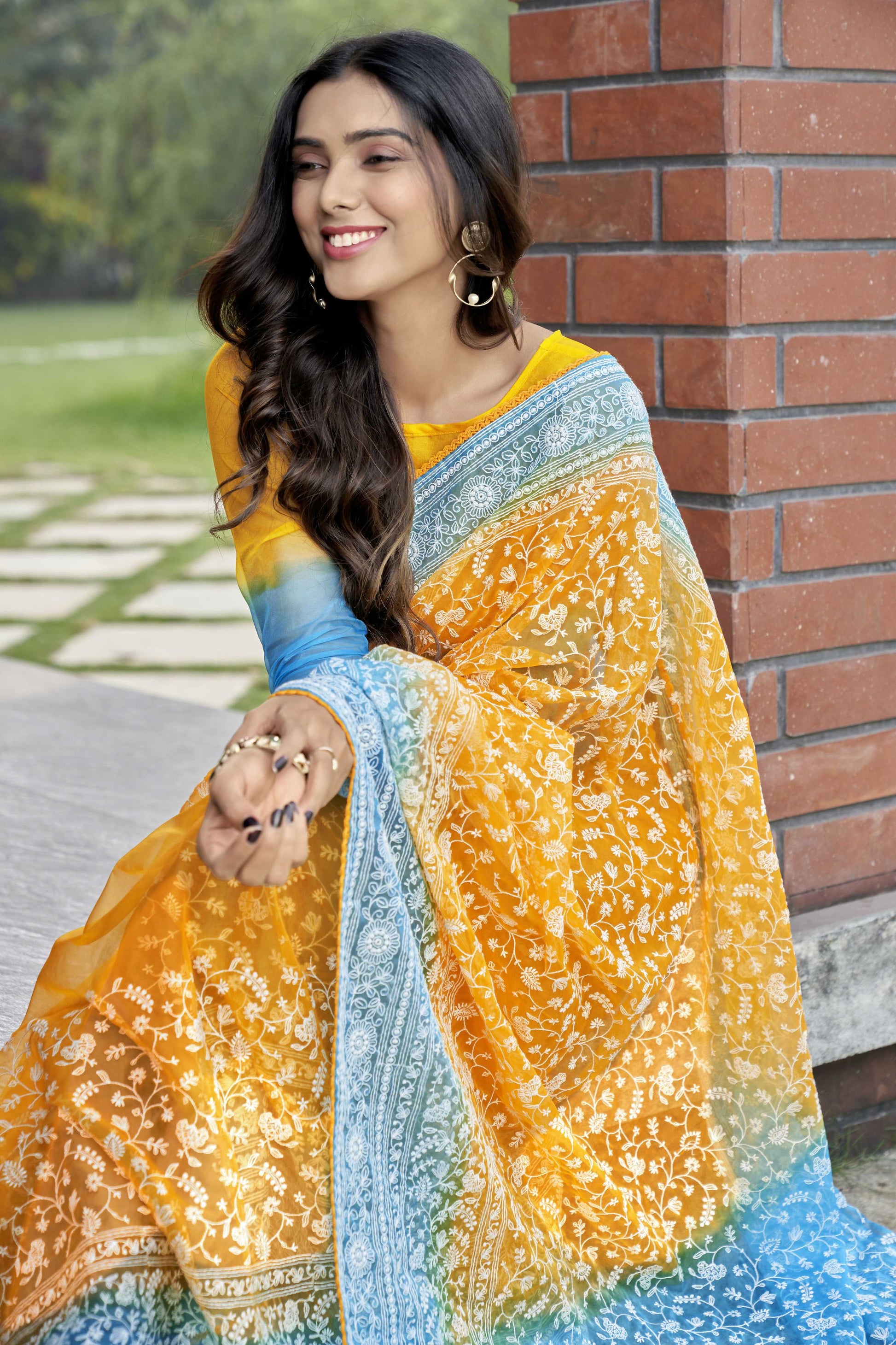 Vamsee Srivani Chikankari Yellow Organza Silk Saree - Swadesiicart