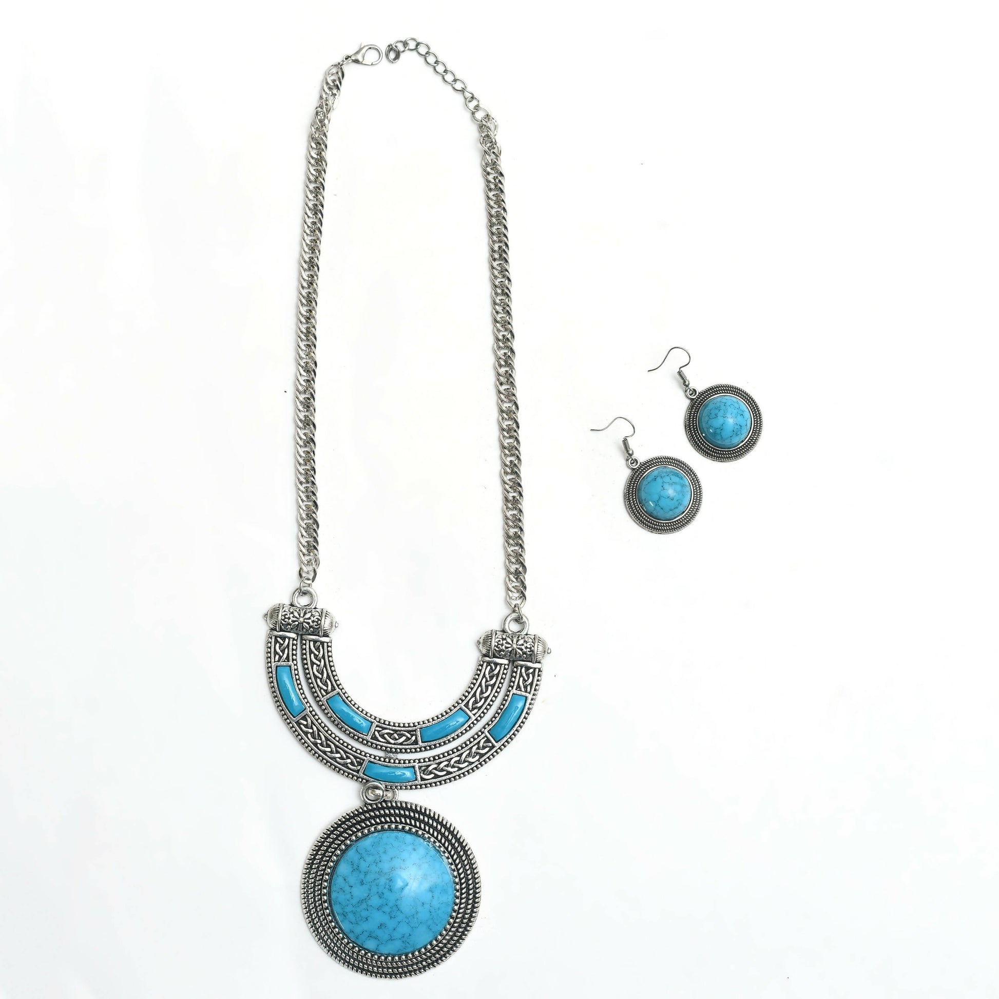 Mominos Fashion Johar Kamal Oxidised Silver-Plated Stone Work Long Necklace Handicraft Sky Blue | Swadesiicart