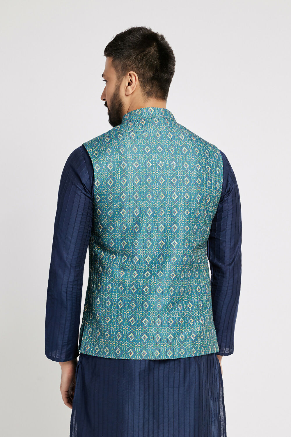 Ethnic India Indigo Blue Bundi Men's Jacket Geometric Polyester | Swadesiicart