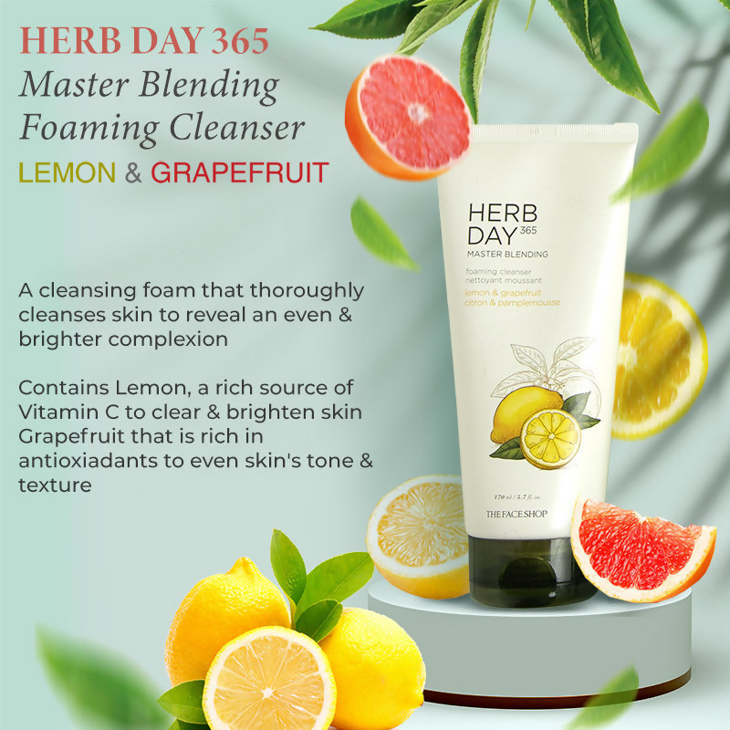 The Face Shop Herb Day 365 Master Blending Foaming Cleanser- Lemon & Grapefruit - Korean Skincare | Swadesiicart