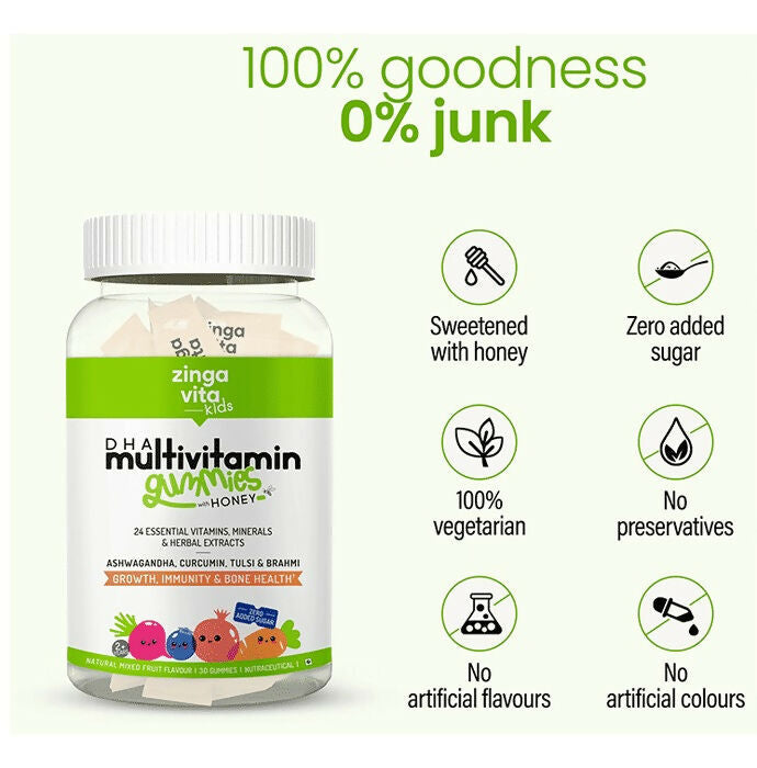 Zingavita DHA Multivitamin Gummies with Honey for Kids (2+ yrs) - Mixed Fruit | Swadesiicart
