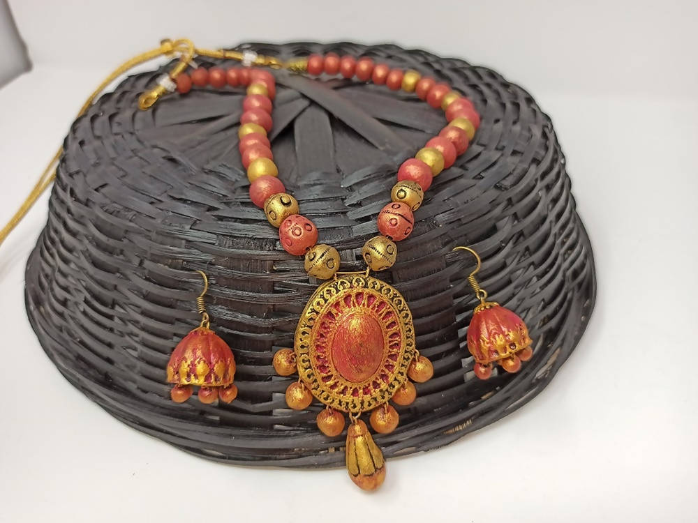 Terracotta Medium Necklace Set With Hangings-Golden Pink | Swadesiicart