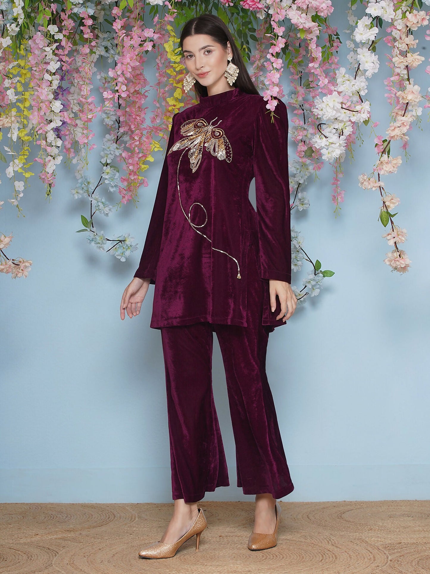 Joban Fashion Wine Velvet Hand Embellished Coord Set - Swadesiicart