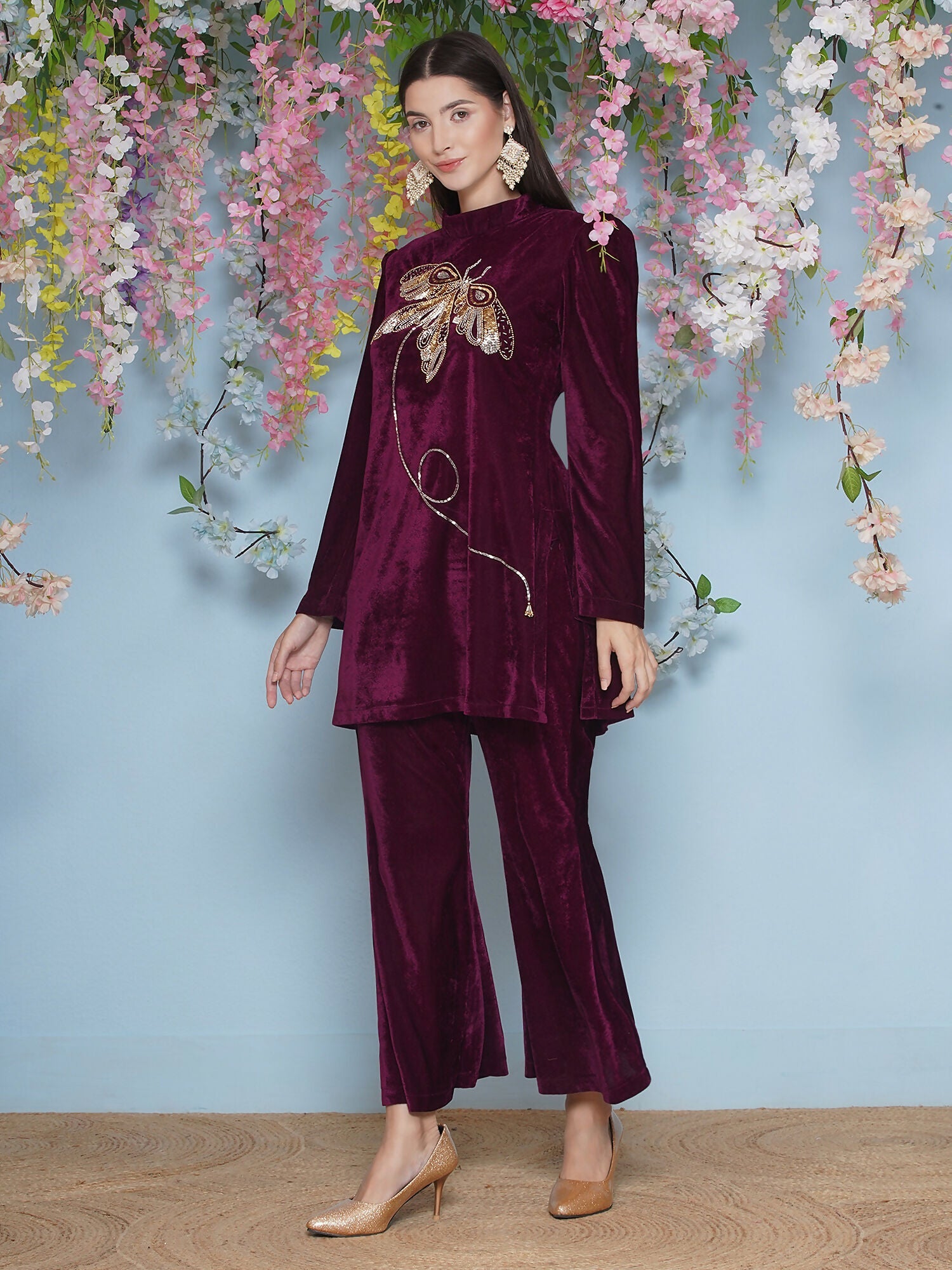 Joban Fashion Wine Velvet Hand Embellished Coord Set - Swadesiicart