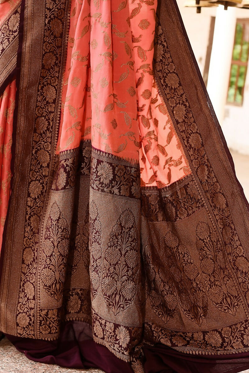 Joban Fashion Coral Crepe Chiffon Pure Handloom Banarasi Silk Saree | Swadesiicart