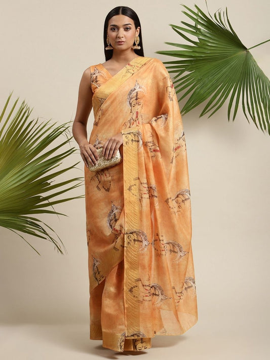 Ahalyaa Women's Orange Chanderi Digital Printed Saree | Swadesiicart