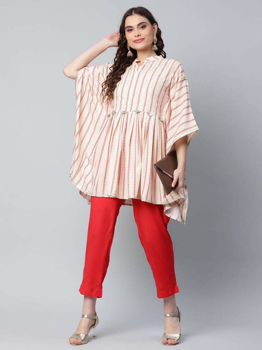 Ahalyaa Womens Off White Crepe Printed Kaftan Pant Set | Swadesiicart
