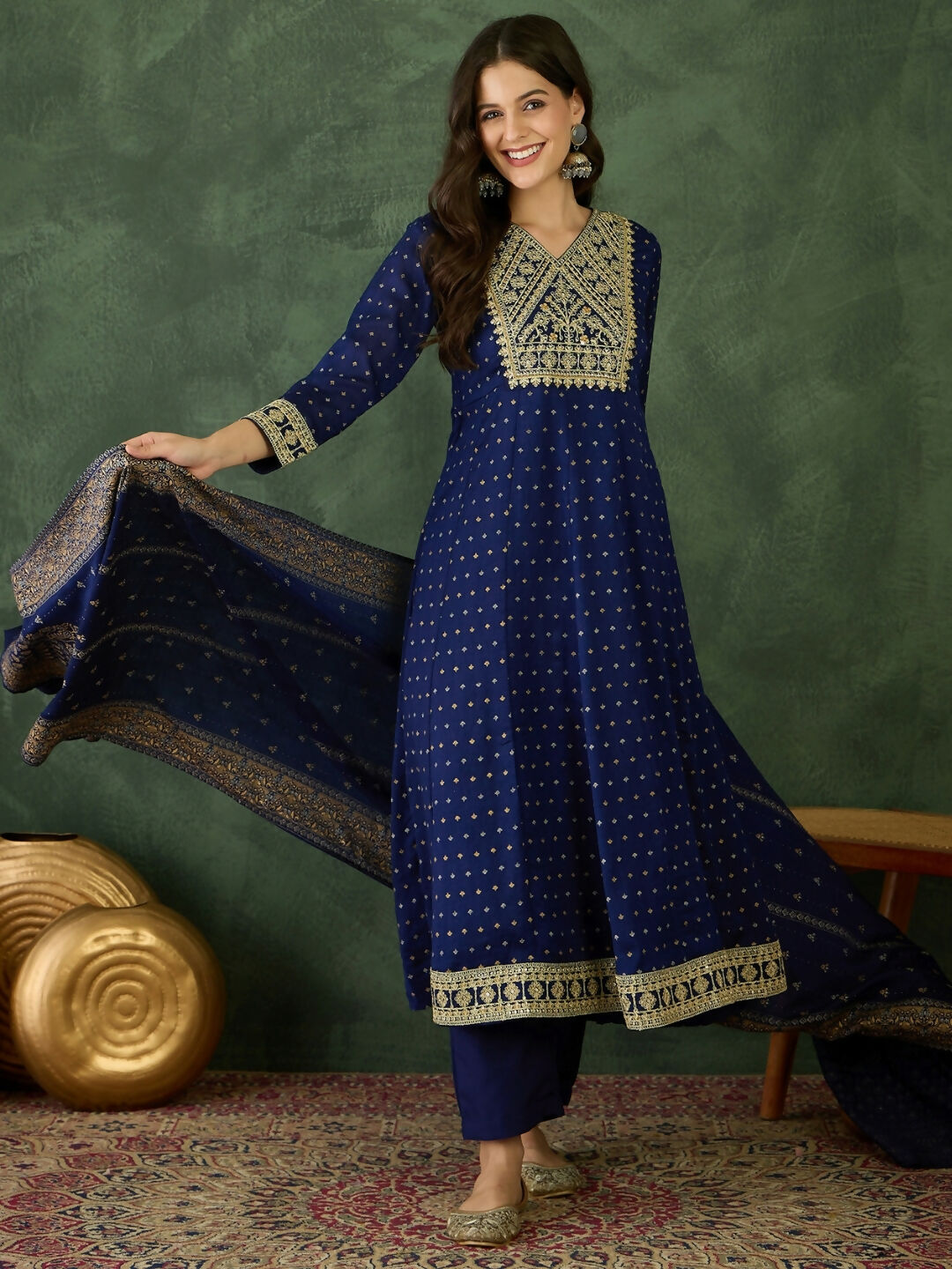 The52 Blue Women's Gorgeous Embroidered Work Vichitra Silk Fabric Flared Kurta Pant and Dupatta Set - Swadesiicart