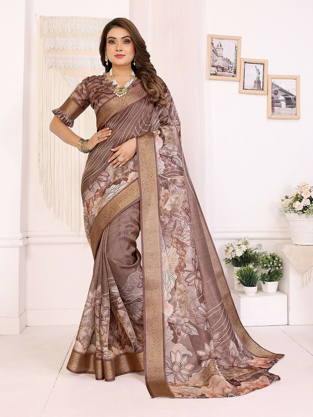 Joban Fashion Brown Floral Print pattern Banarasi Silk Sarees | Swadesiicart