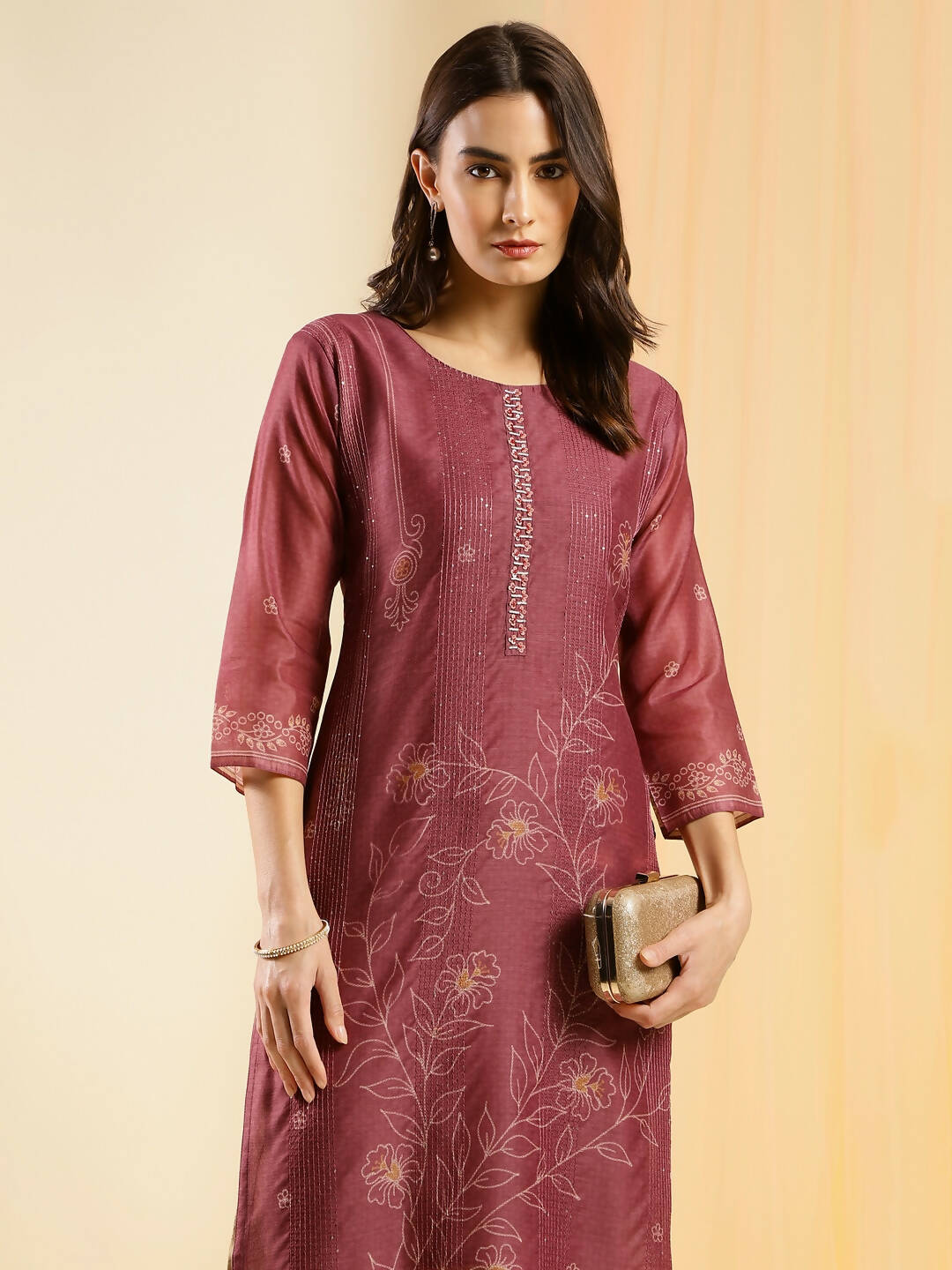Maroon Chinon Digital Printed With Hand Work Kurta - Himanshi - Swadesiicart