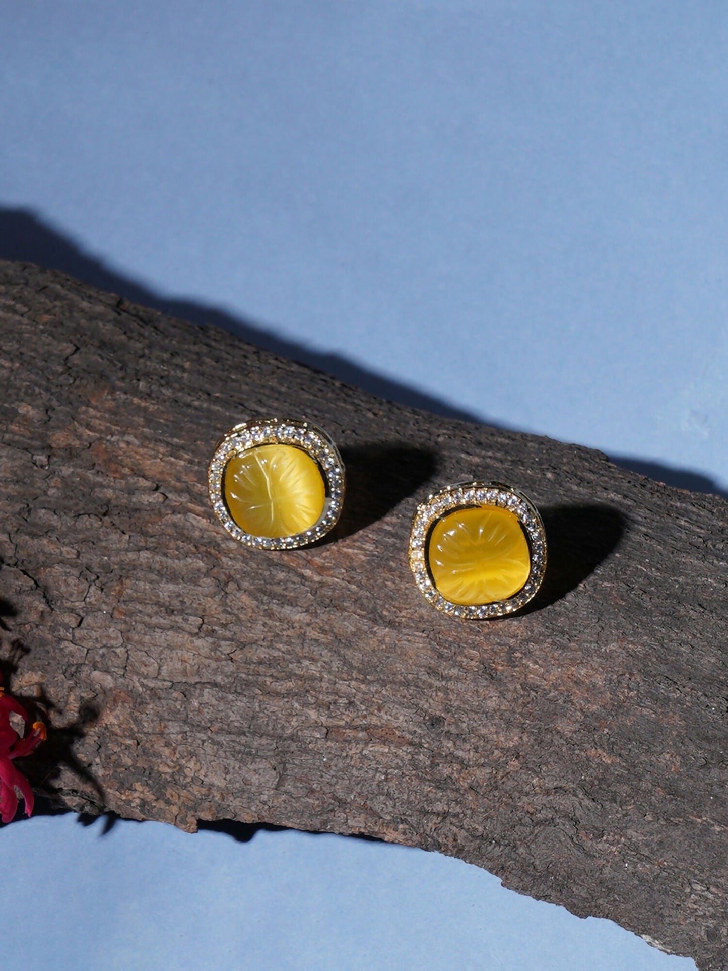 Yellow Stone Kundan Studs (yellow) - Ruby Raang | Swadesiicart