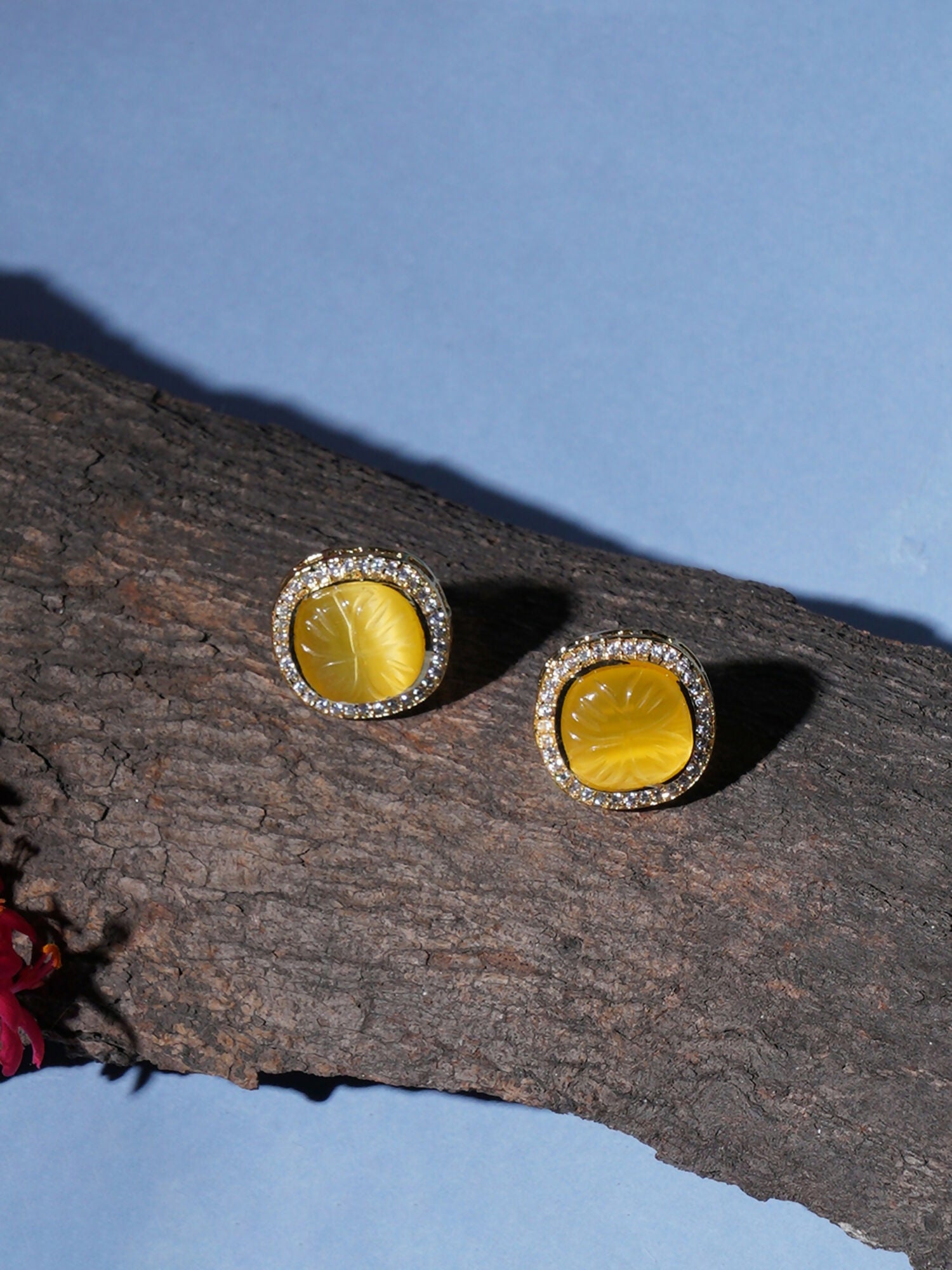 Yellow Stone Kundan Studs (yellow) - Ruby Raang | Swadesiicart